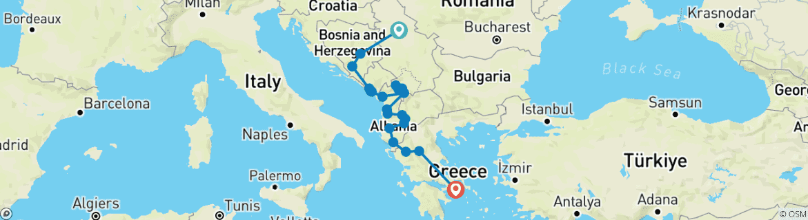 Image of a map showing the route of the tour