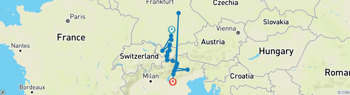Image of a map showing the route of the tour