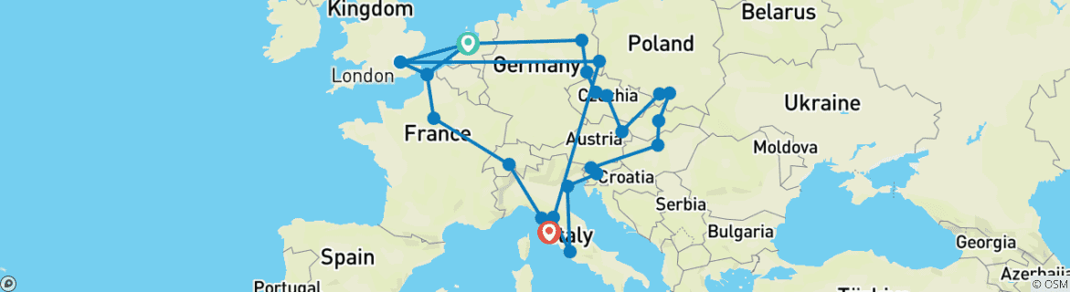 Image of a map showing the route of the tour