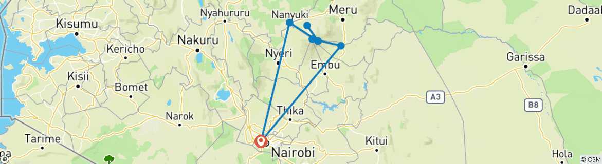 Image of a map showing the route of the tour