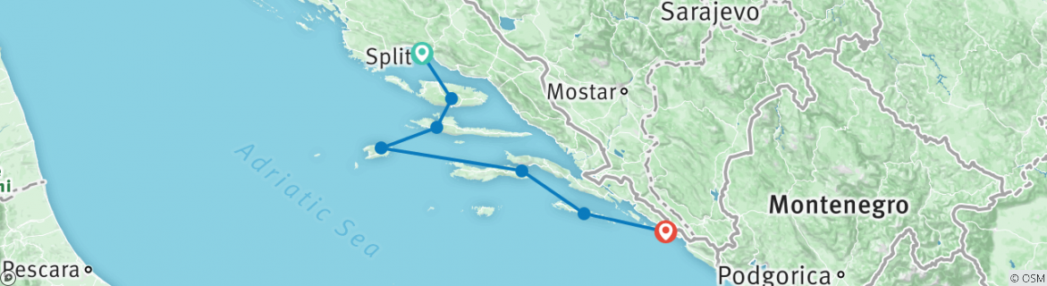 Image of a map showing the route of the tour