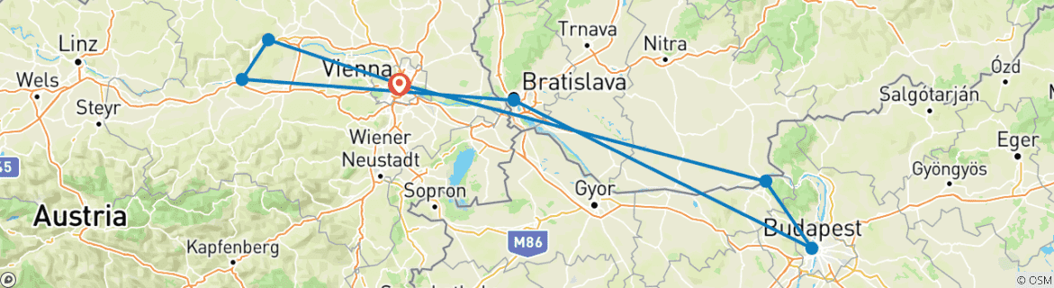 Image of a map showing the route of the tour