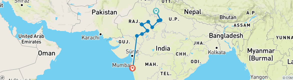 Image of a map showing the route of the tour