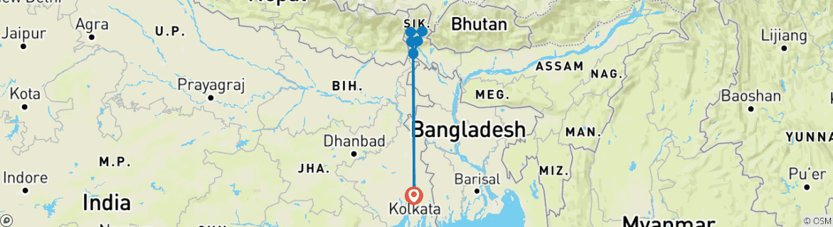 Image of a map showing the route of the tour
