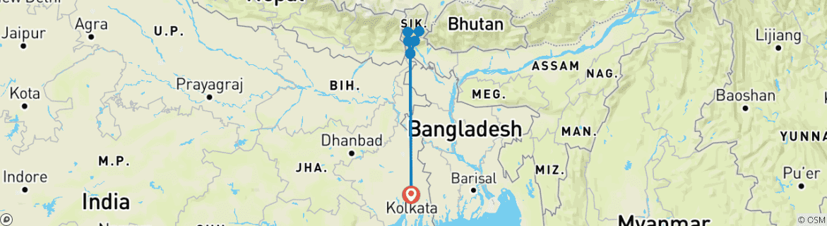 Image of a map showing the route of the tour