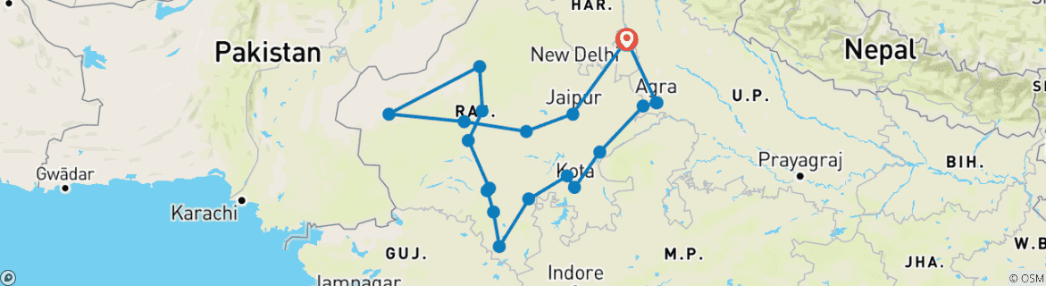 Image of a map showing the route of the tour