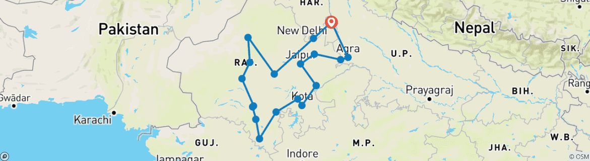 Image of a map showing the route of the tour