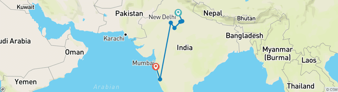 Image of a map showing the route of the tour