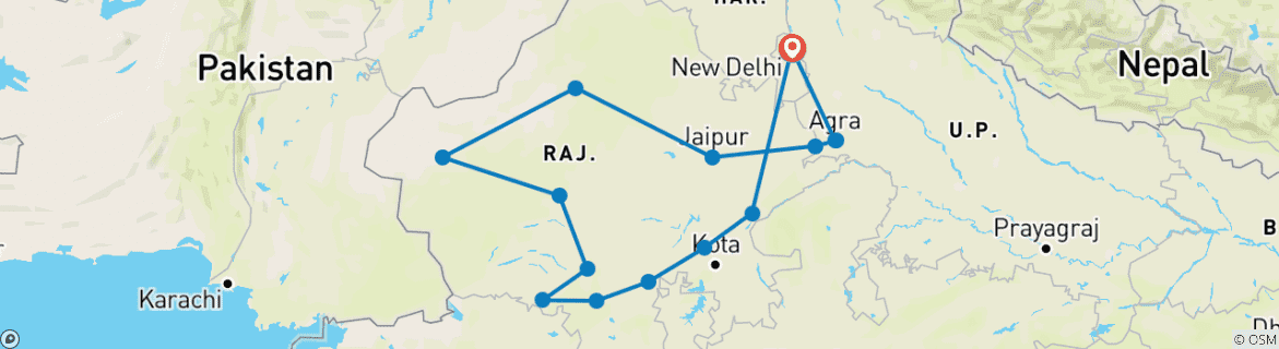 Image of a map showing the route of the tour