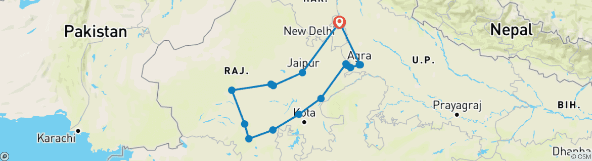 Image of a map showing the route of the tour