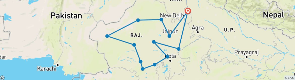Image of a map showing the route of the tour
