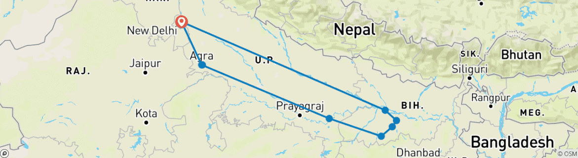 Image of a map showing the route of the tour
