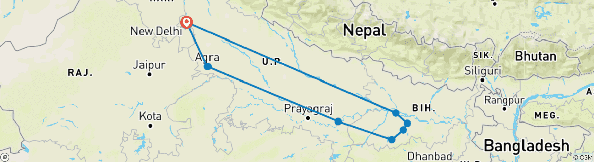 Image of a map showing the route of the tour