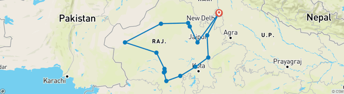 Image of a map showing the route of the tour