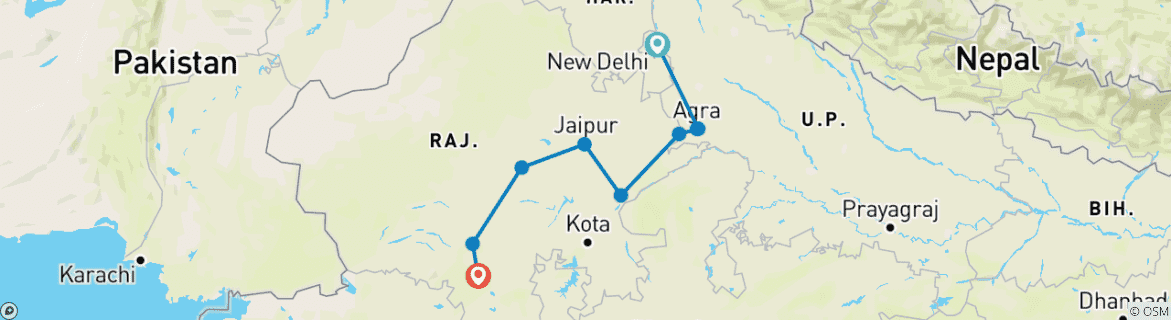 Image of a map showing the route of the tour