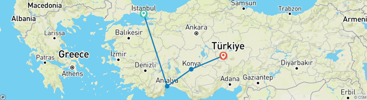 Image of a map showing the route of the tour
