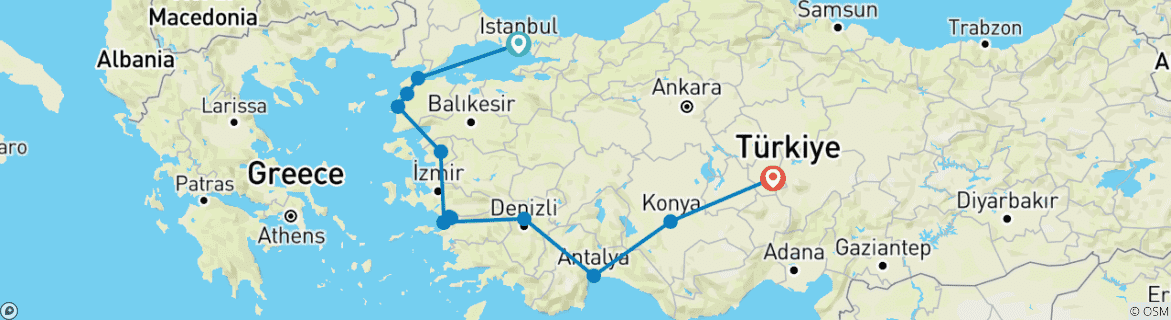 Image of a map showing the route of the tour