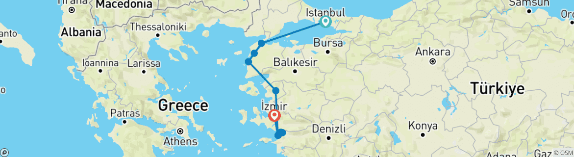 Image of a map showing the route of the tour