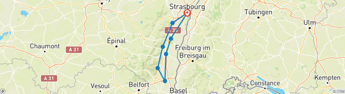 Image of a map showing the route of the tour