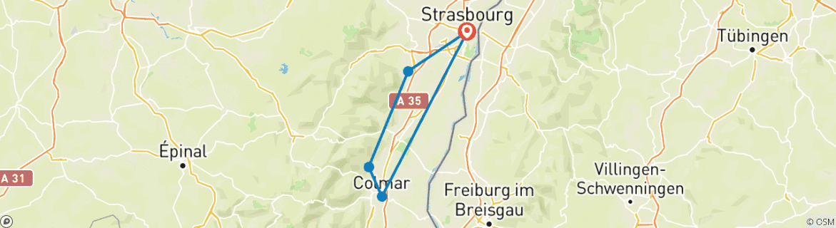 Image of a map showing the route of the tour