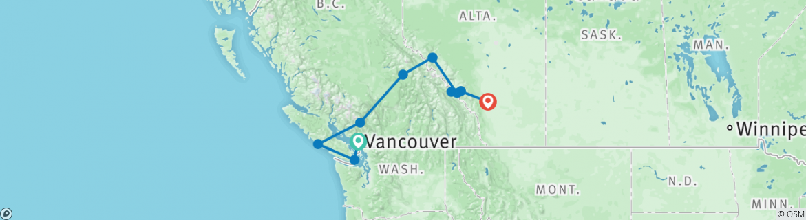 Image of a map showing the route of the tour