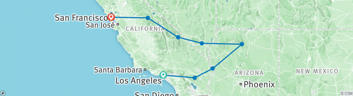 Image of a map showing the route of the tour