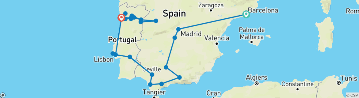 Image of a map showing the route of the tour