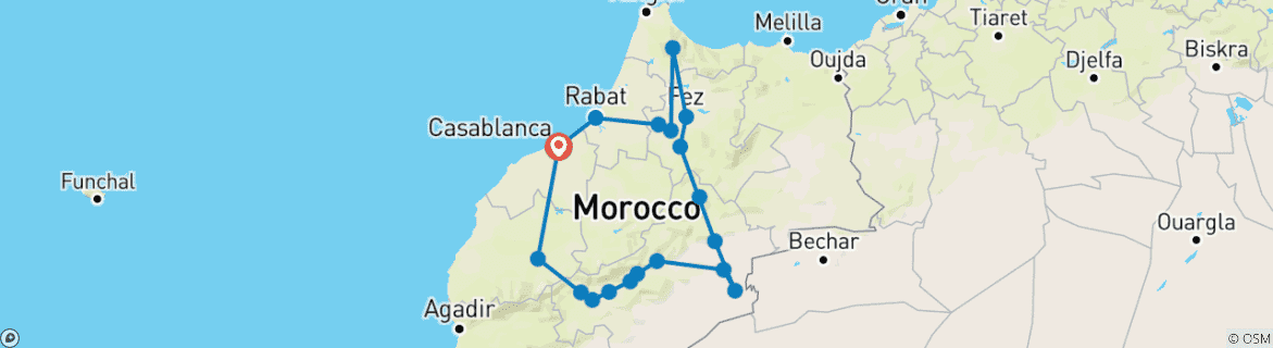 Image of a map showing the route of the tour