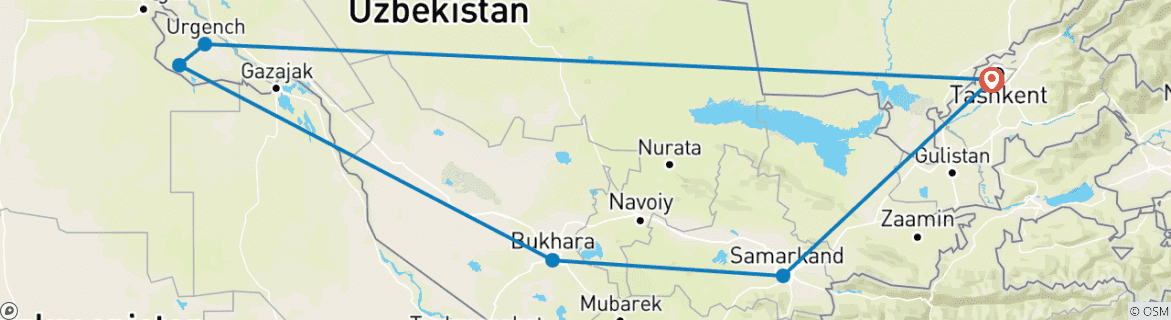 Image of a map showing the route of the tour