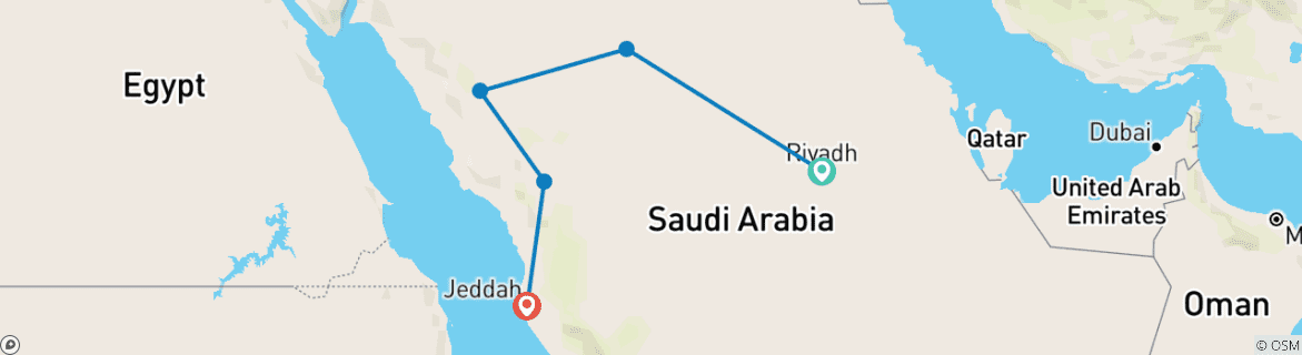 Image of a map showing the route of the tour