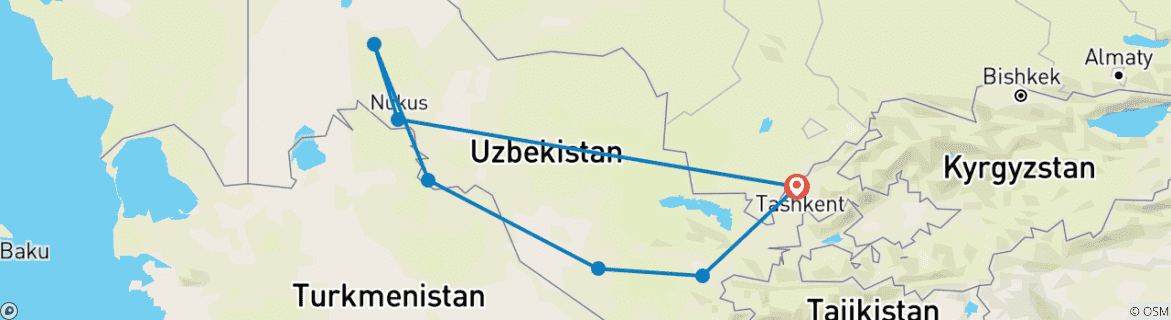Image of a map showing the route of the tour