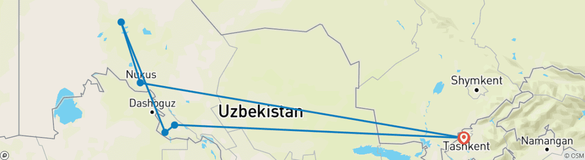 Image of a map showing the route of the tour