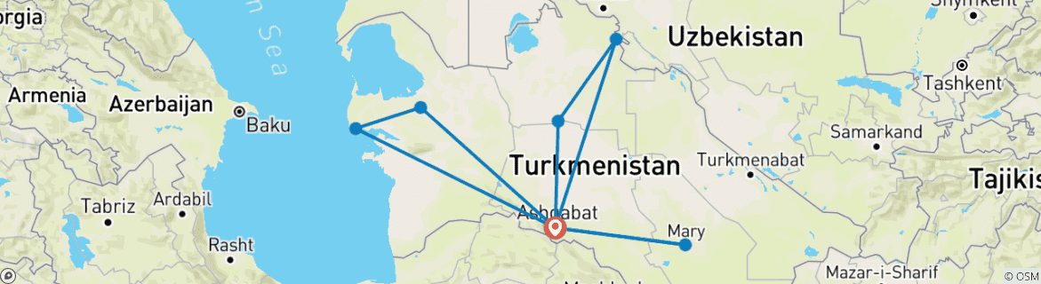 Image of a map showing the route of the tour