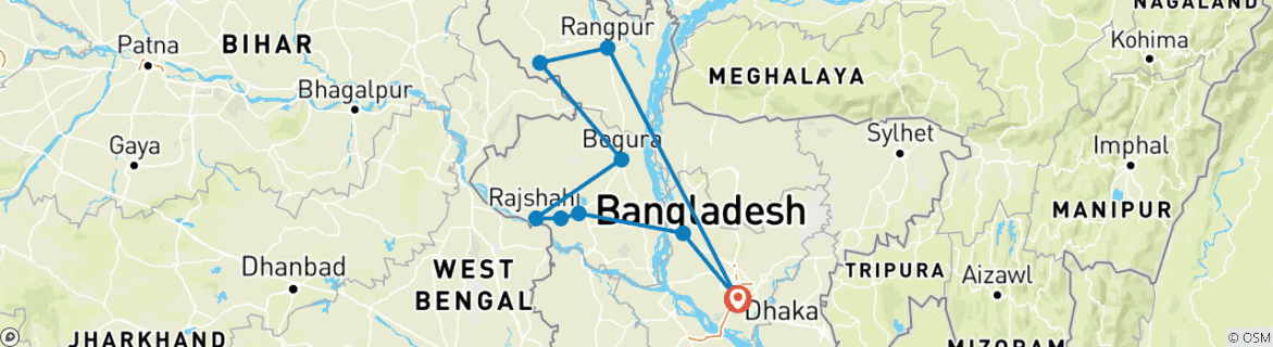 Image of a map showing the route of the tour