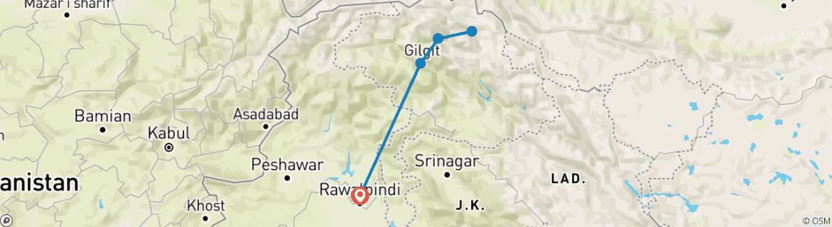 Image of a map showing the route of the tour