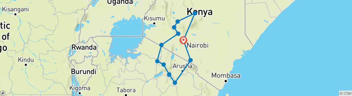 Image of a map showing the route of the tour