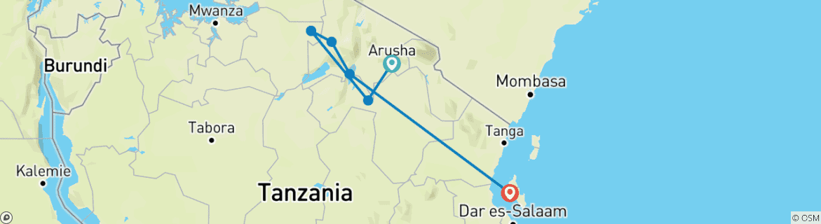 Image of a map showing the route of the tour