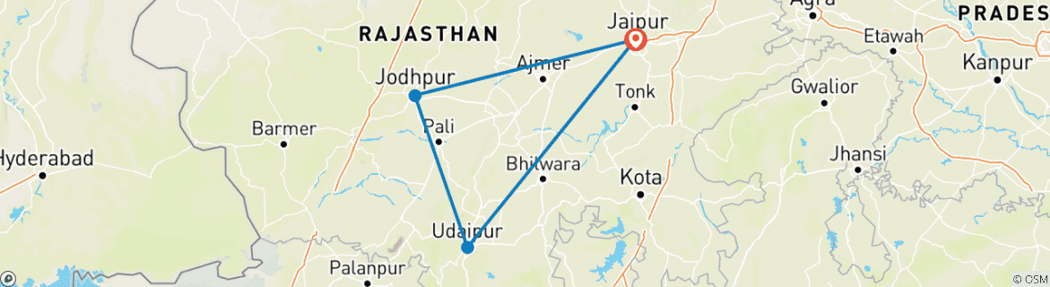 Image of a map showing the route of the tour