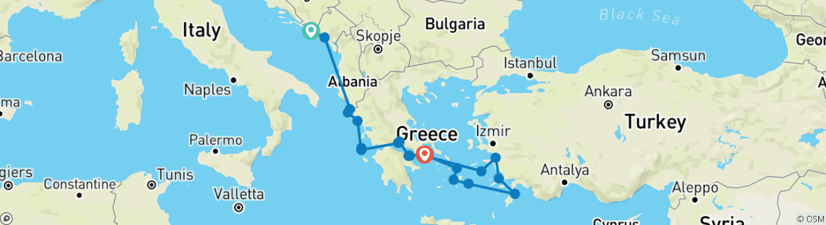 Image of a map showing the route of the tour