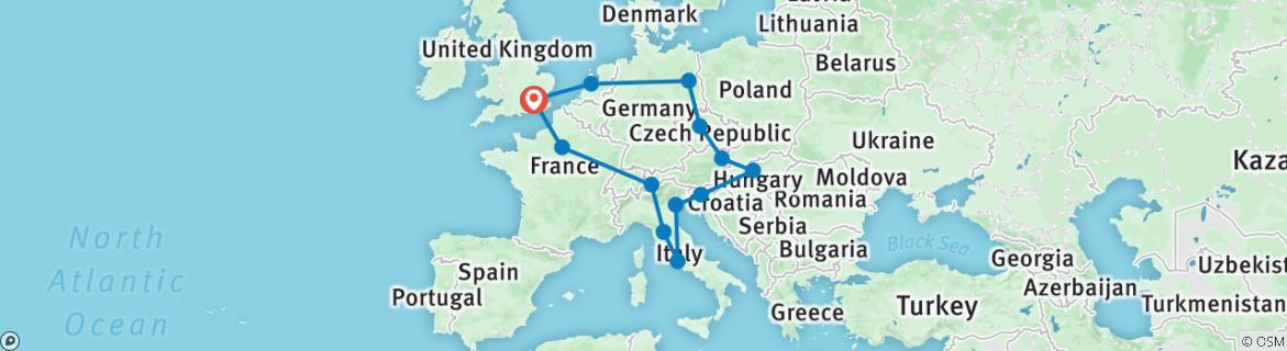Image of a map showing the route of the tour