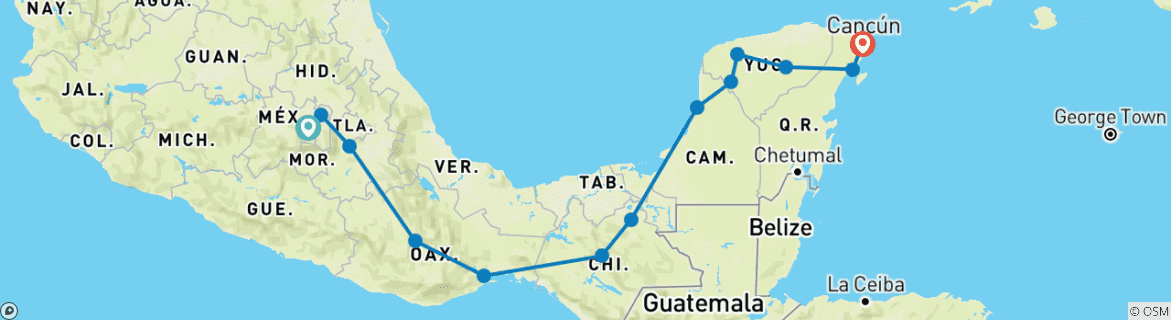 Carte du circuit 2 semaines d'excursions privées sur mesure au Mexique, avec guide complet, départ quotidien
