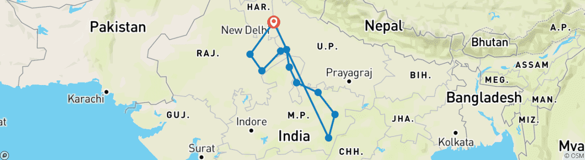 Image of a map showing the route of the tour