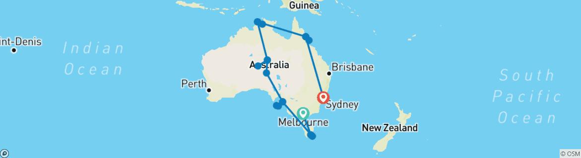Image of a map showing the route of the tour