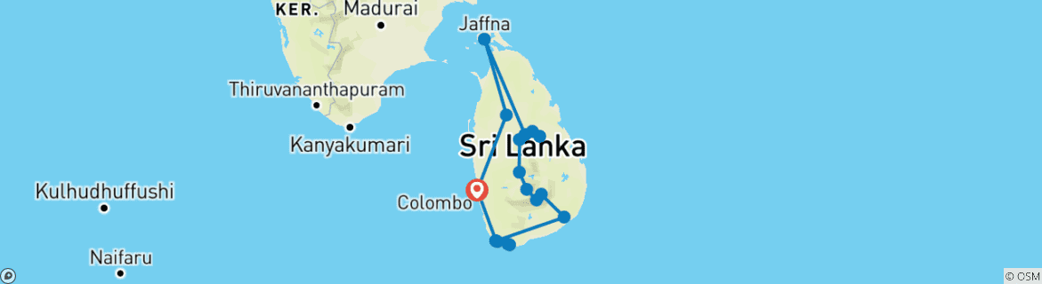 Carte du circuit Grande découverte du Sri Lanka : circuit privé de 21 jours