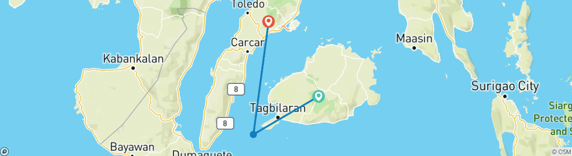Carte du circuit Aventure personnalisée à Cebu et Bohol, départ quotidien et guide privé