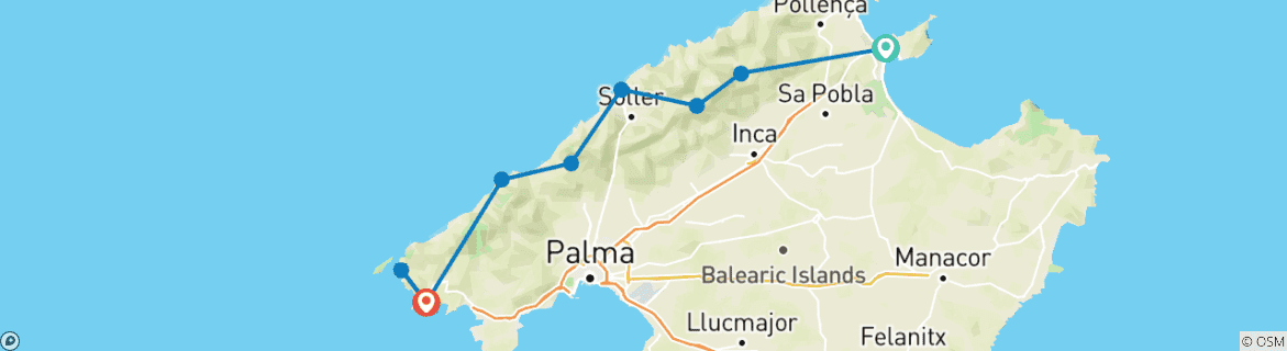 Image of a map showing the route of the tour