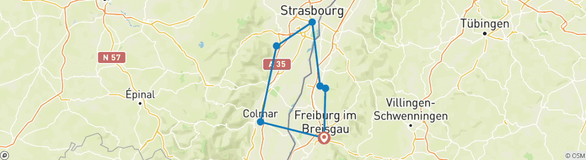 Image of a map showing the route of the tour