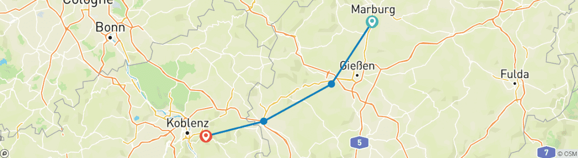 Image of a map showing the route of the tour