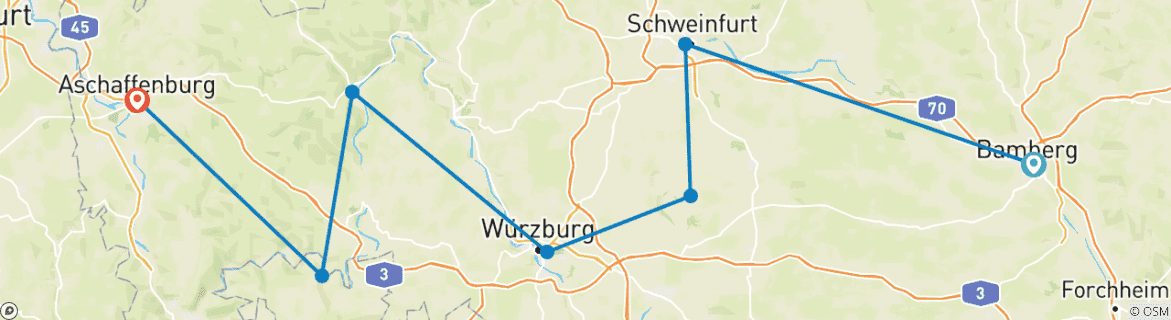 Image of a map showing the route of the tour