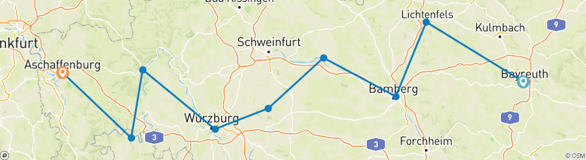 Image of a map showing the route of the tour